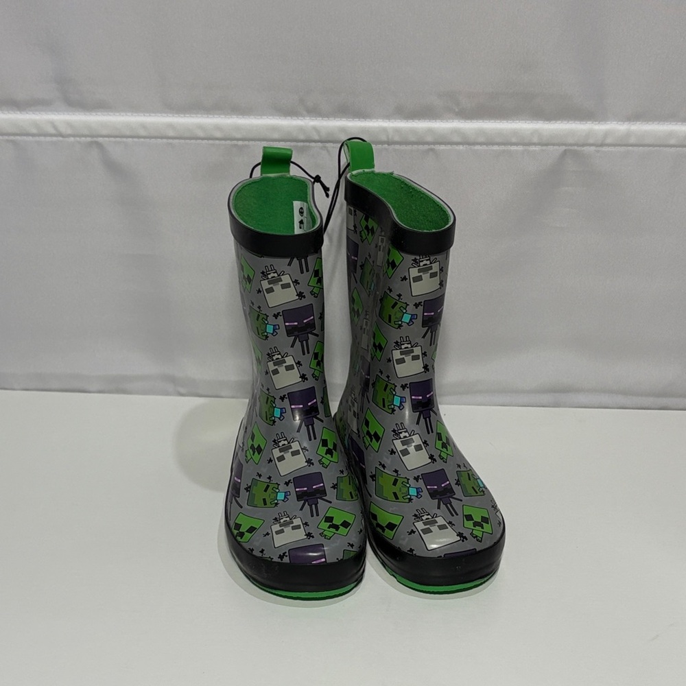 Minecraft Kids Green and Gray Rain Boots US1